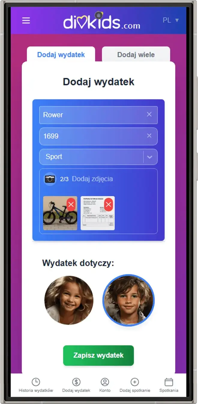 Formularz dodawania wydatku w aplikacji DivKids