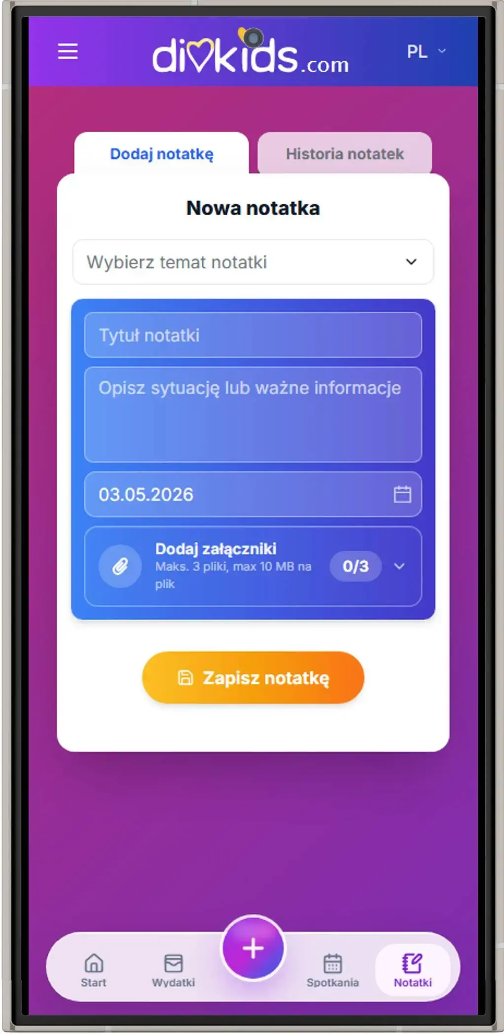 Formularz notatki w aplikacji DivKids