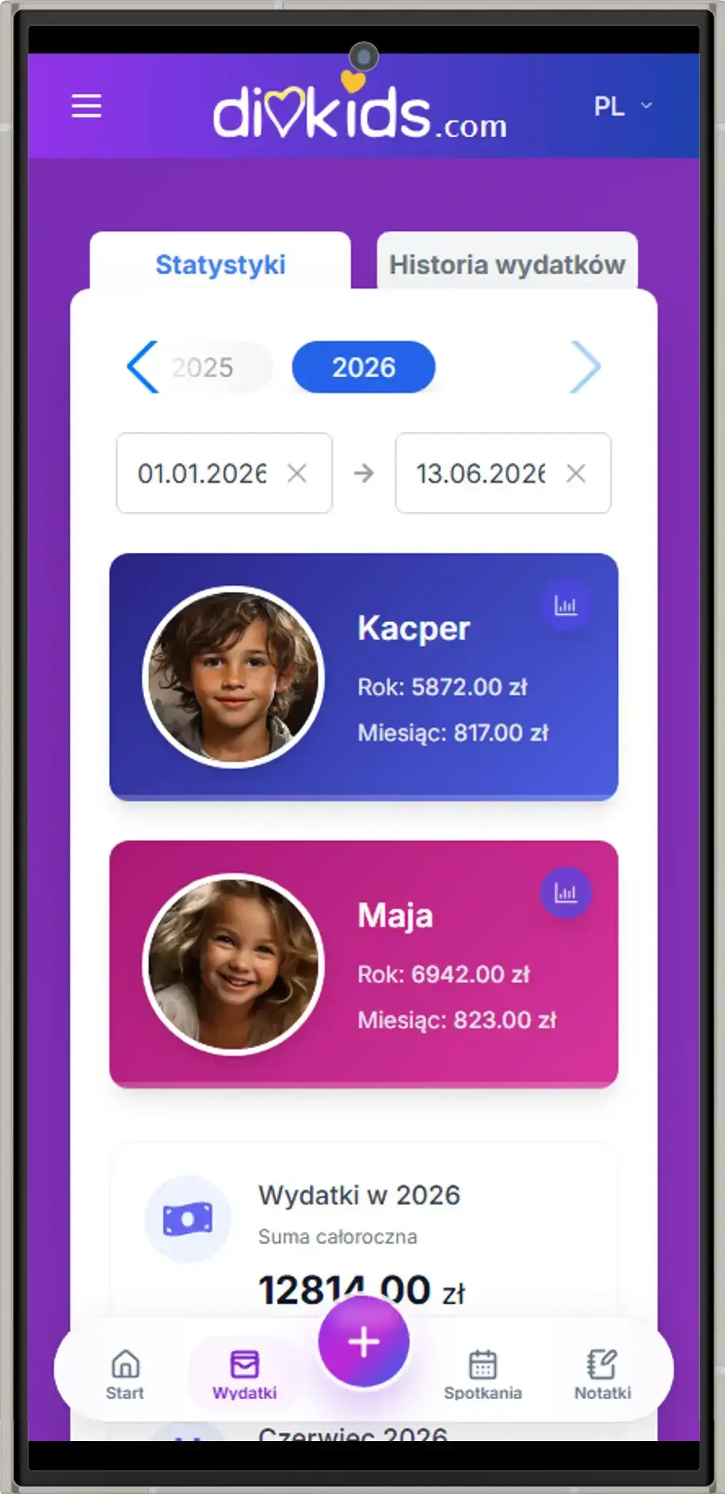 Panel wydatków w aplikacji DivKids