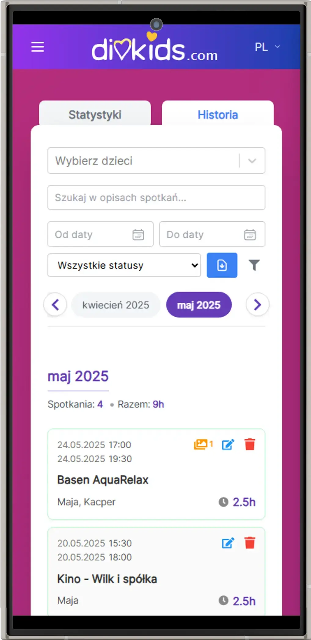 Historia spotkań w aplikacji DivKids